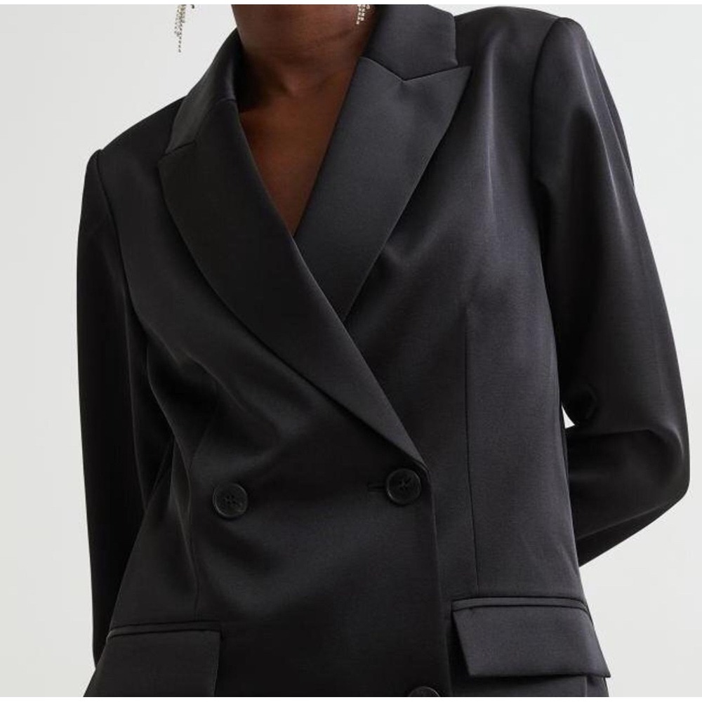 H&M sz XL Women Satin Double Breasted Black Lined Blazer Dress Career Party Chic - Picture 2 of 11